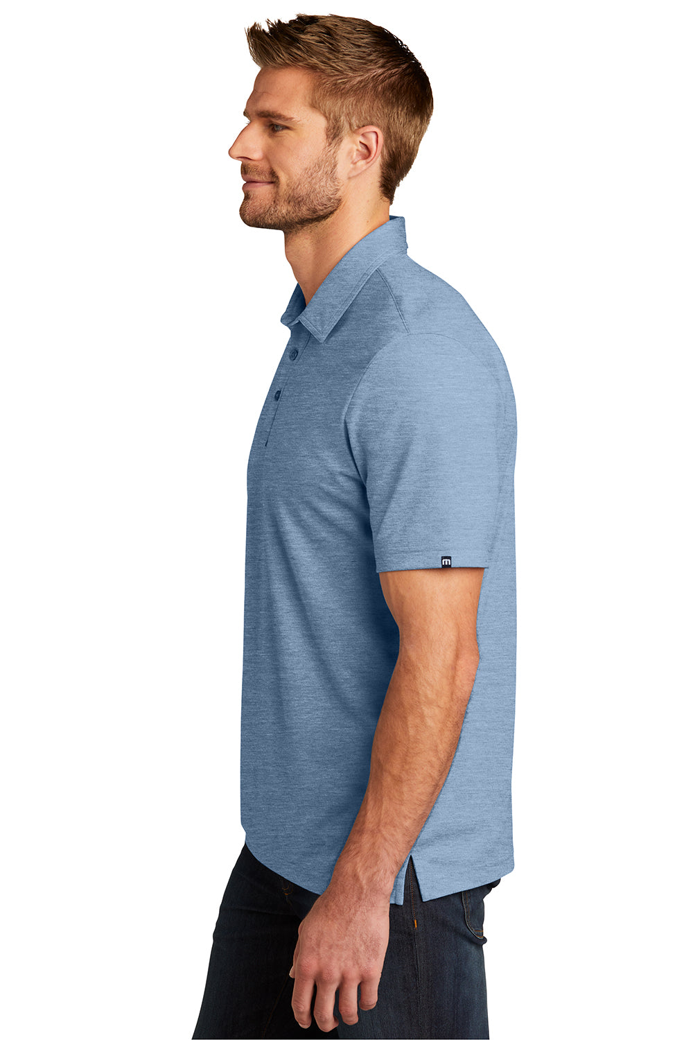 TravisMathew TM1MU412 Mens Oceanside Moisture Wicking Short Sleeve Polo Shirt Heather Classic Blue Model Side