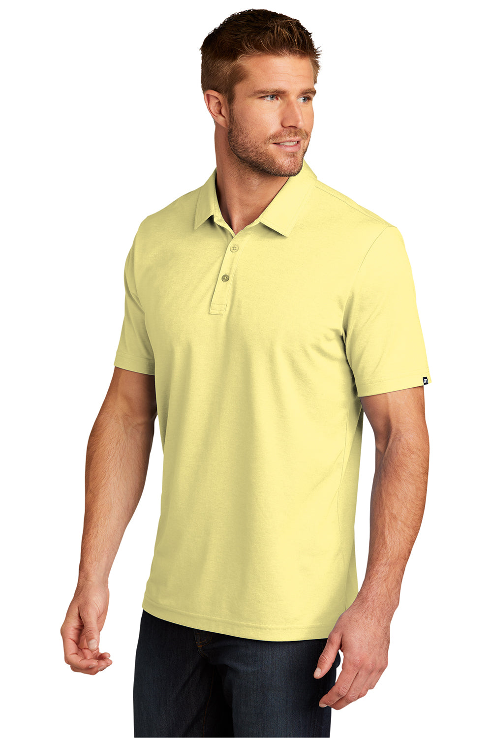 TravisMathew TM1MU412 Mens Oceanside Moisture Wicking Short Sleeve Polo Shirt Heather Pale Banana Yellow  Model 3Q