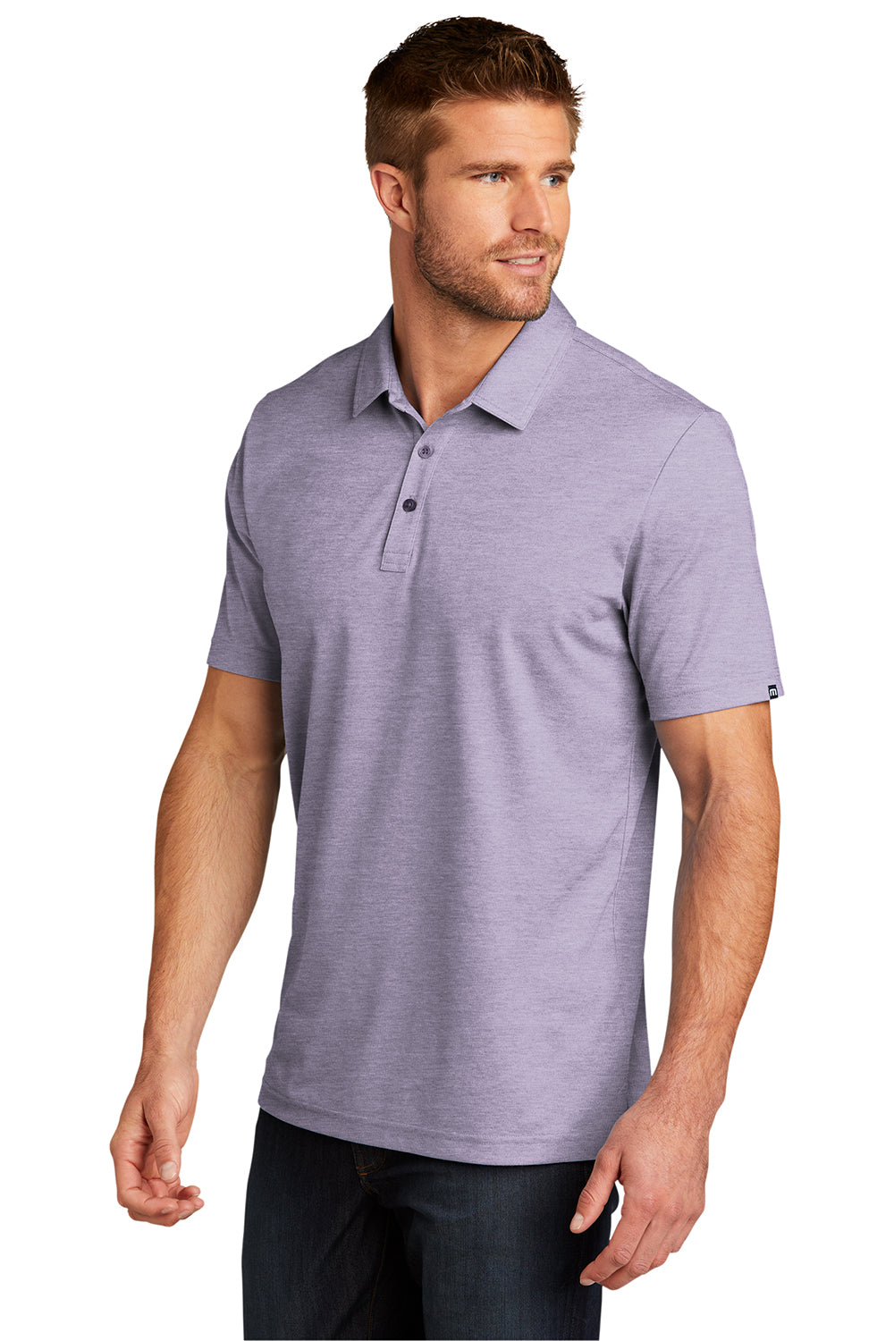 TravisMathew TM1MU412 Mens Oceanside Moisture Wicking Short Sleeve Polo Shirt Heather Purple Sage Model 3Q