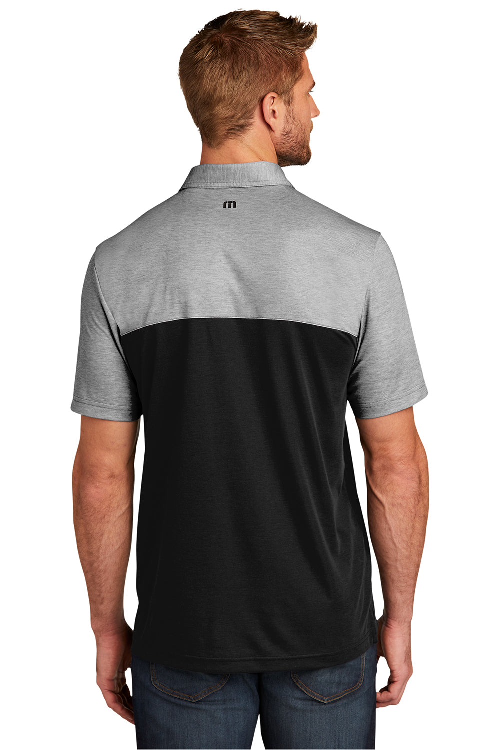 TravisMathew TM1MU414 Mens Oceanside Blocked Moisture Wicking Short Sleeve Polo Shirt Heather Black/Black Model Back