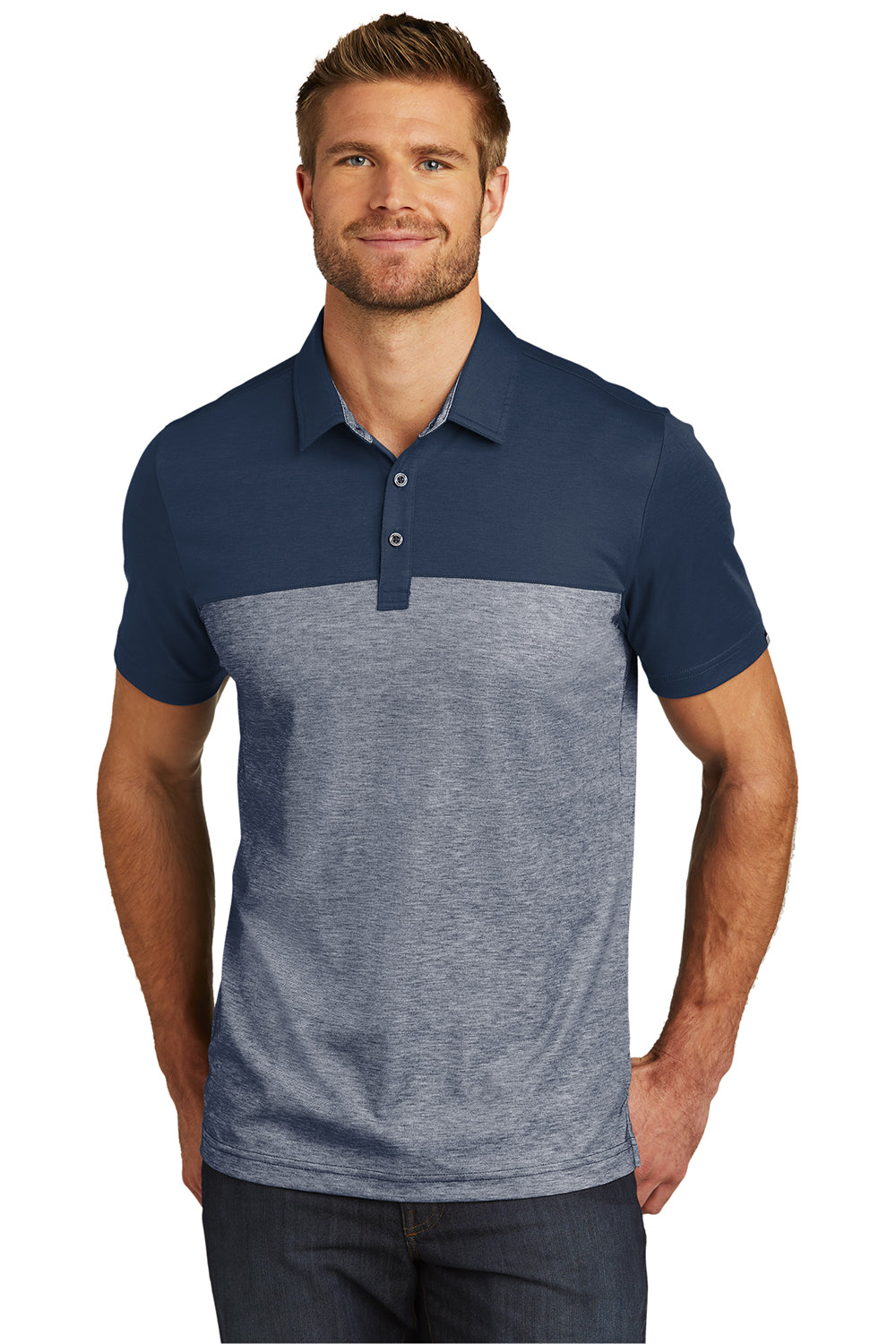 TravisMathew TM1MU414 Mens Oceanside Blocked Moisture Wicking Short Sleeve Polo Shirt Blue Nights/Heather Blue Nights Model Front