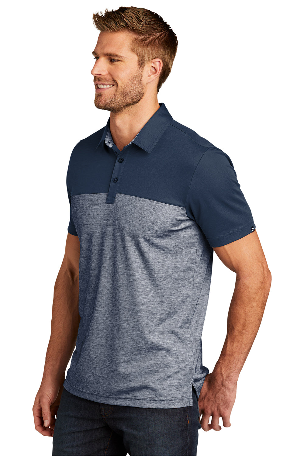 TravisMathew TM1MU414 Mens Oceanside Blocked Moisture Wicking Short Sleeve Polo Shirt Blue Nights/Heather Blue Nights Model 3Q