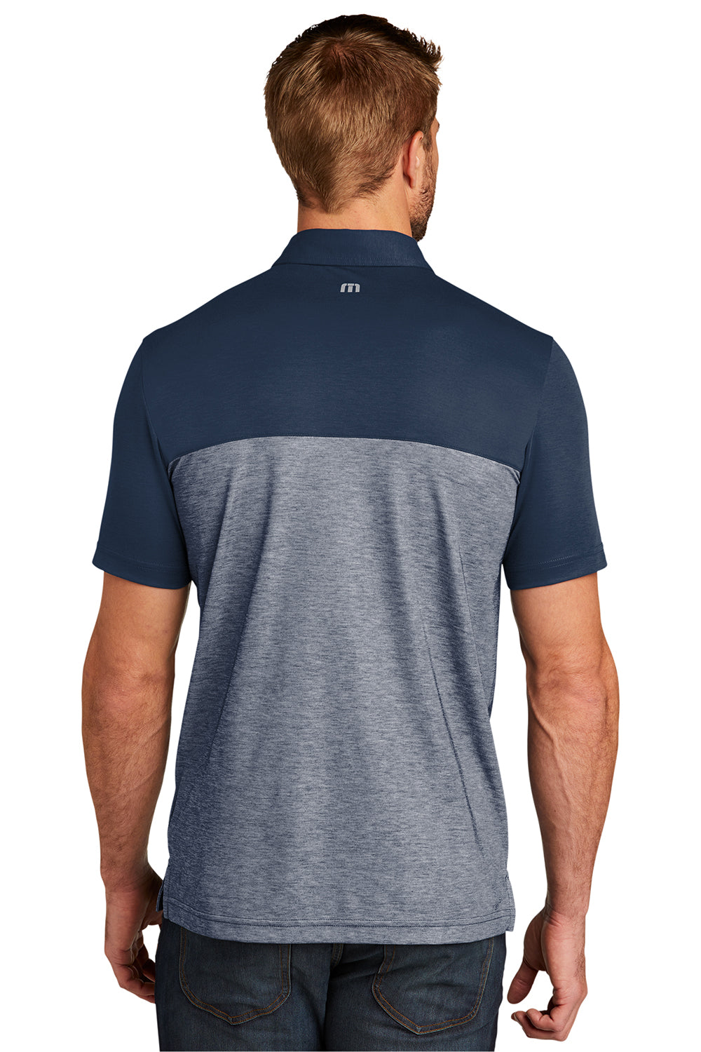 TravisMathew TM1MU414 Mens Oceanside Blocked Moisture Wicking Short Sleeve Polo Shirt Blue Nights/Heather Blue Nights Model Back