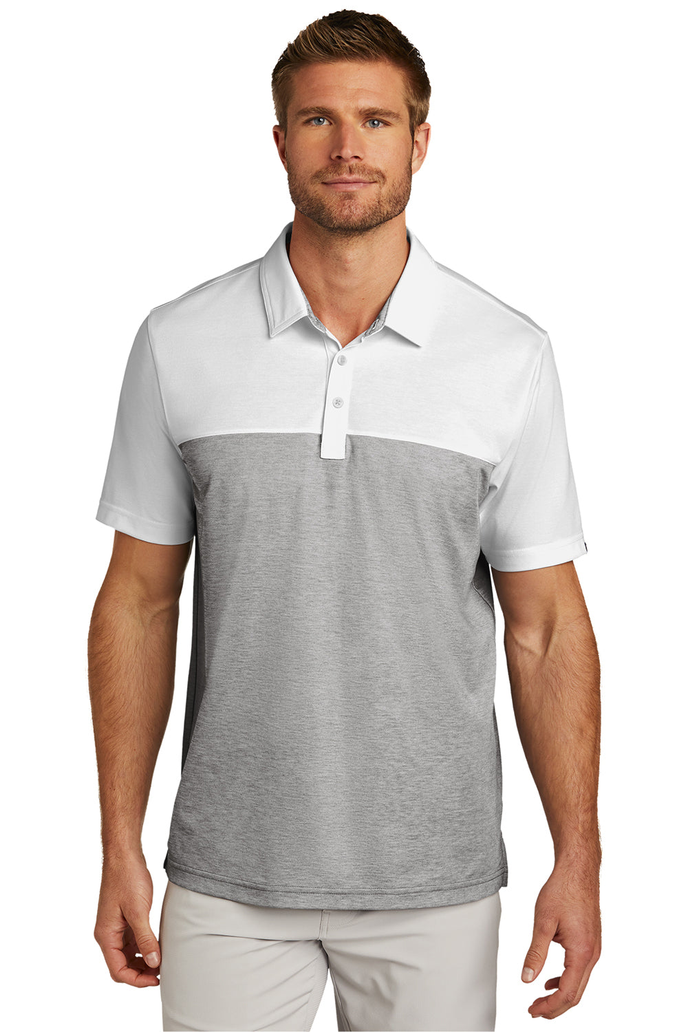 TravisMathew TM1MU414 Mens Oceanside Blocked Moisture Wicking Short Sleeve Polo Shirt White/Heather Quiet Shade Grey Model Front