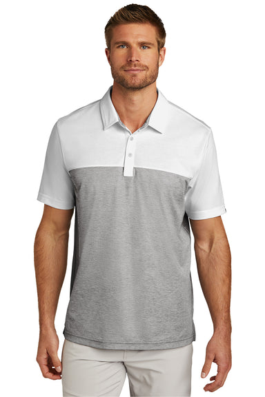 TravisMathew TM1MU414 Mens Oceanside Blocked Moisture Wicking Short Sleeve Polo Shirt White/Heather Quiet Shade Grey Model Front