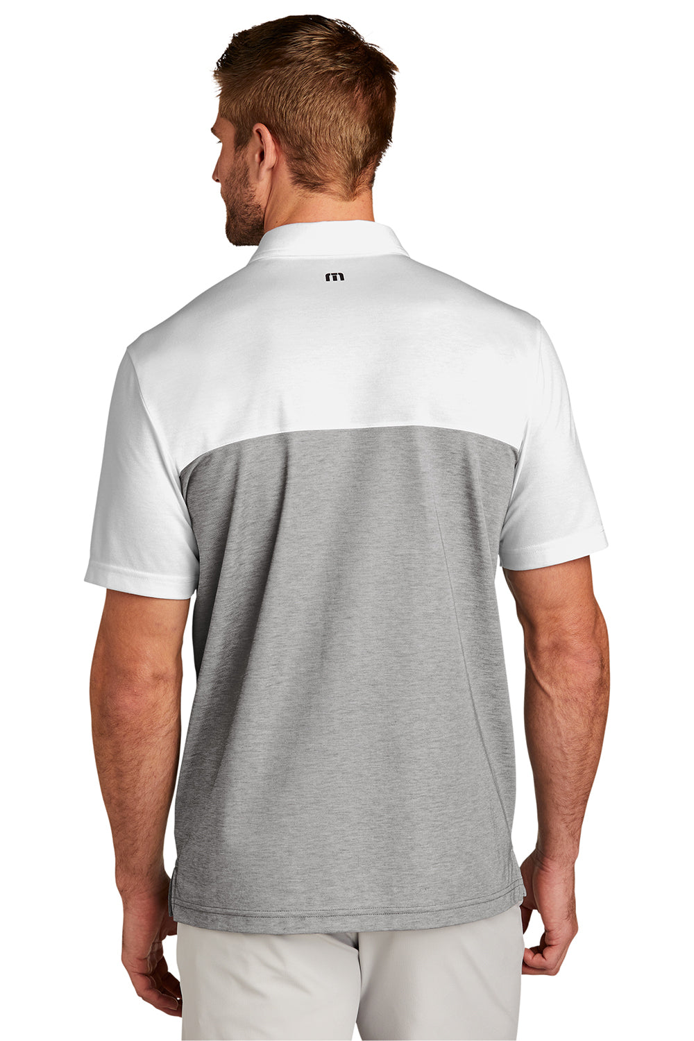 TravisMathew TM1MU414 Mens Oceanside Blocked Moisture Wicking Short Sleeve Polo Shirt White/Heather Quiet Shade Grey Model Back