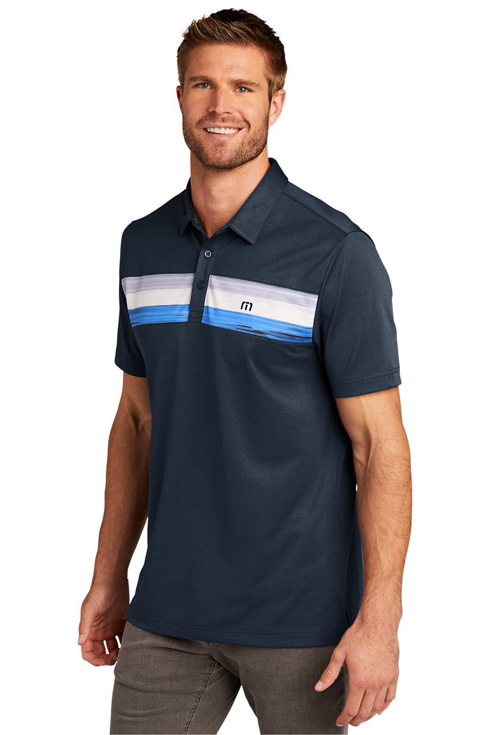TravisMathew TM1MU416 Mens Cabana Moisture Wicking Short Sleeve Polo Shirt Blue Nights Model 3Q