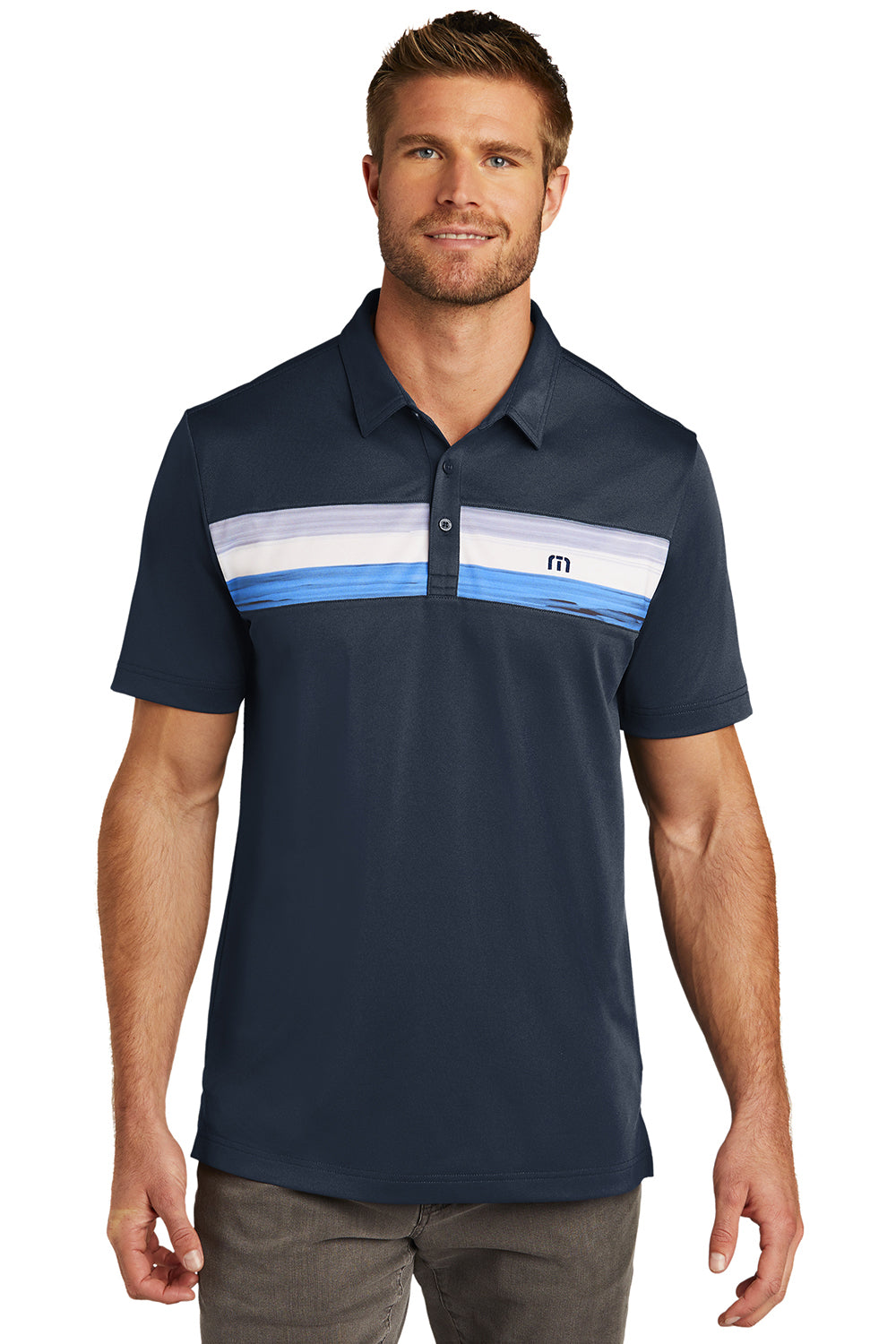 TravisMathew TM1MU416 Mens Cabana Moisture Wicking Short Sleeve Polo Shirt Blue Nights Model Front