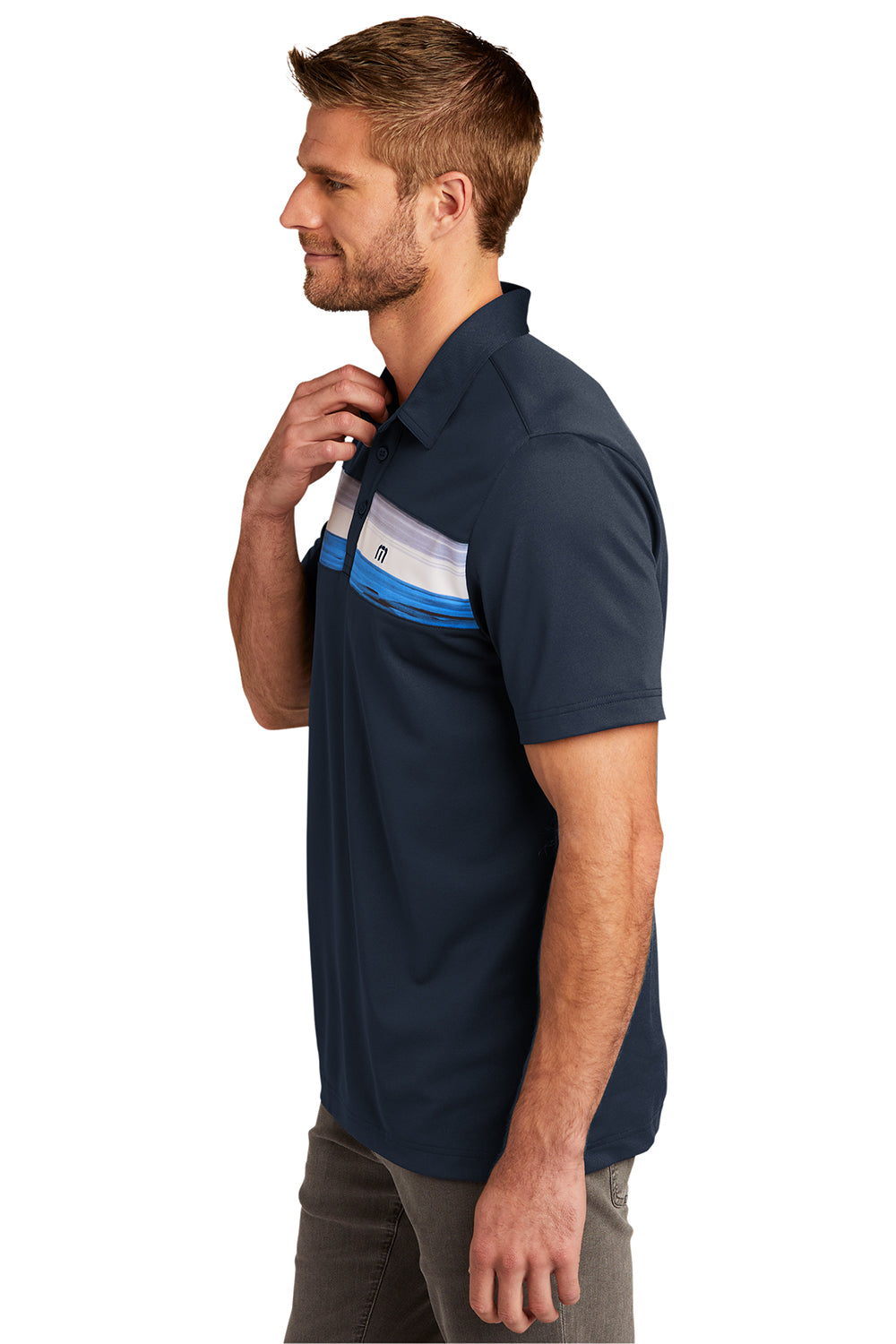 TravisMathew TM1MU416 Mens Cabana Moisture Wicking Short Sleeve Polo Shirt Blue Nights Model Side