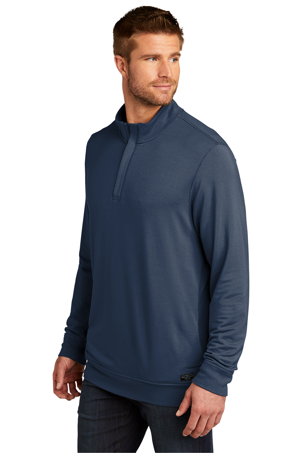 TravisMathew TM1MU419 Mens Newport Fleece 1/4 Zip Jacket Blue Nights Model 3Q