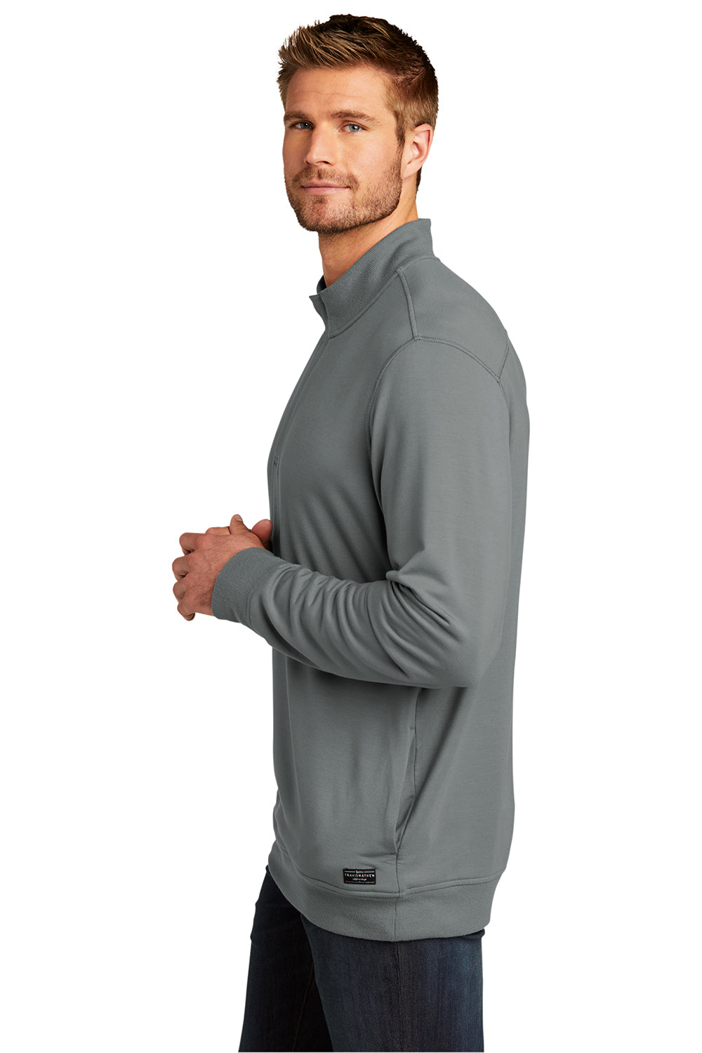 TravisMathew TM1MU419 Mens Newport Fleece 1/4 Zip Jacket Quiet Shade Grey Model Side