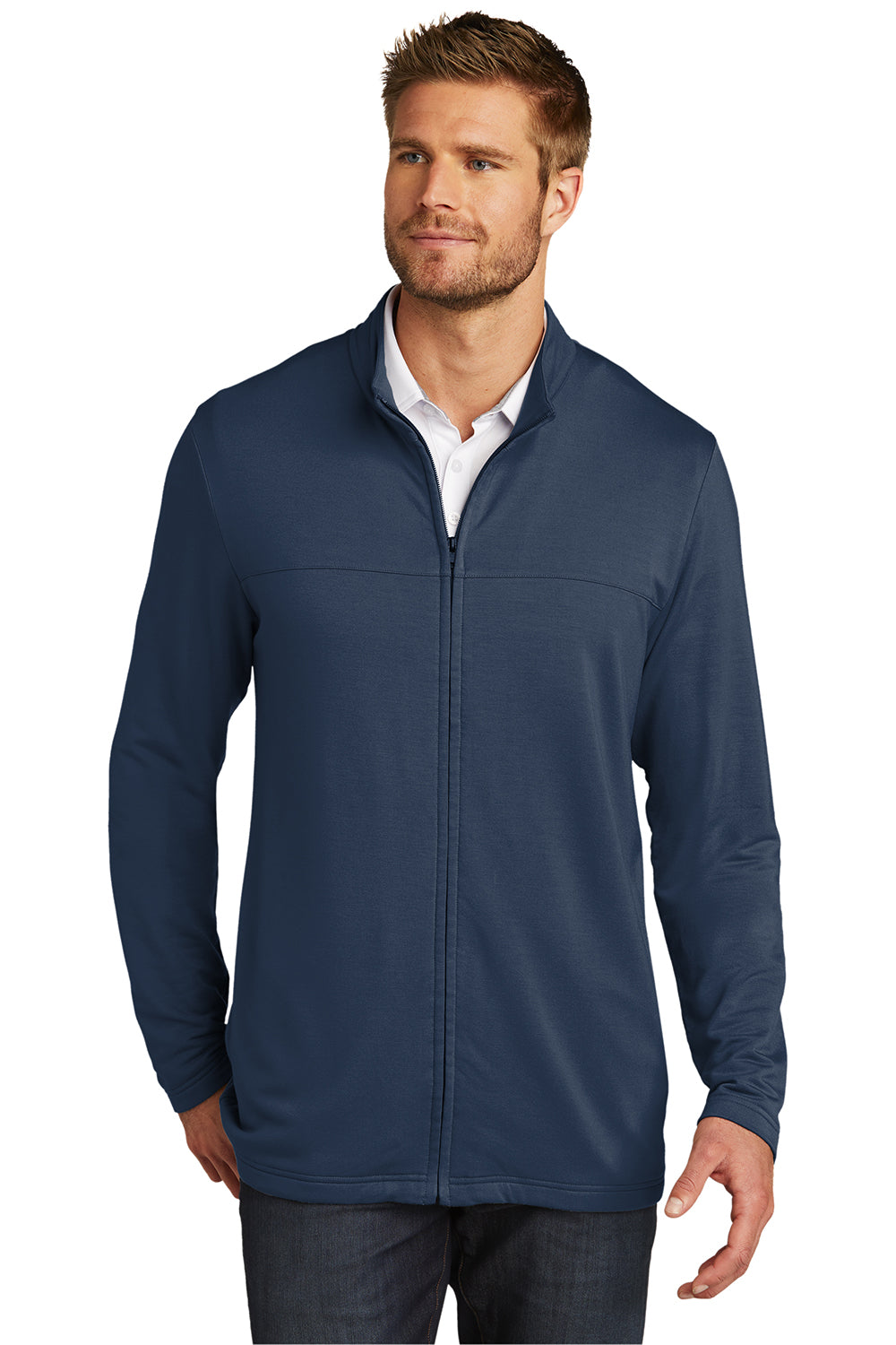 TravisMathew TM1MU420 Mens Newport Fleece Full Zip Jacket Blue Nights Model Front