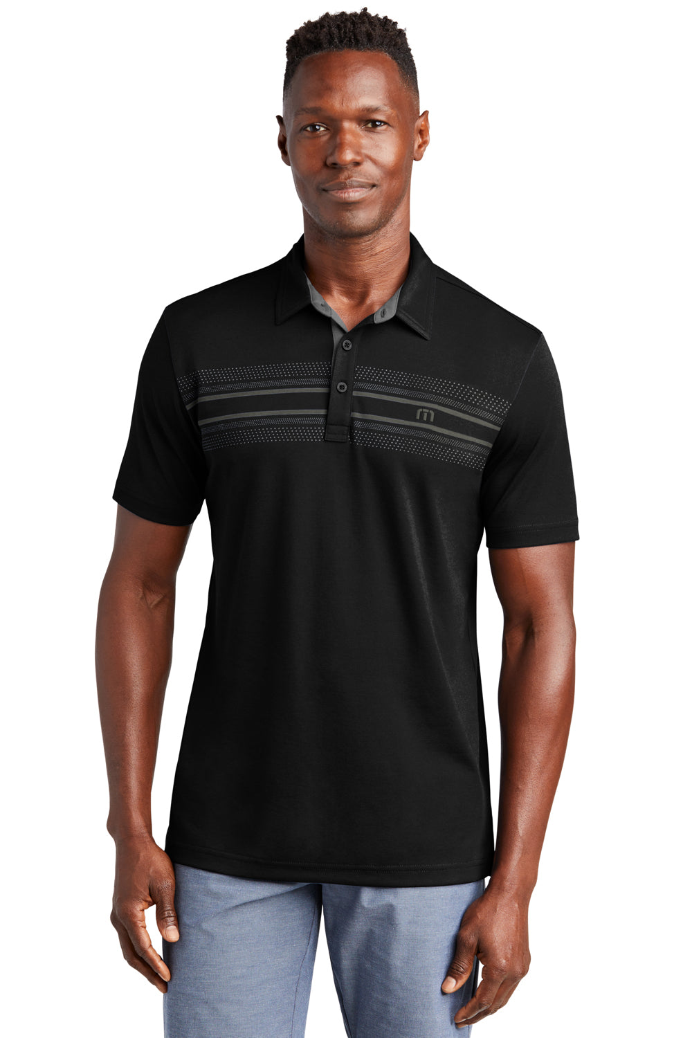 TravisMathew TM1MW450 Mens Monterey Wrinkle Resistant Chest Stripe Short Sleeve Polo Shirt Black Model Front