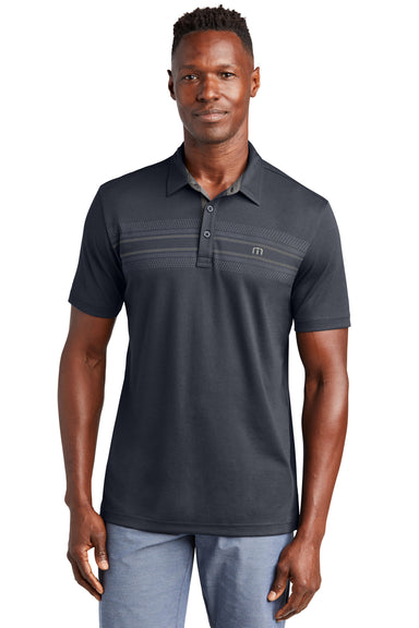 TravisMathew TM1MW450 Mens Monterey Wrinkle Resistant Chest Stripe Short Sleeve Polo Shirt Blue Nights Model Front