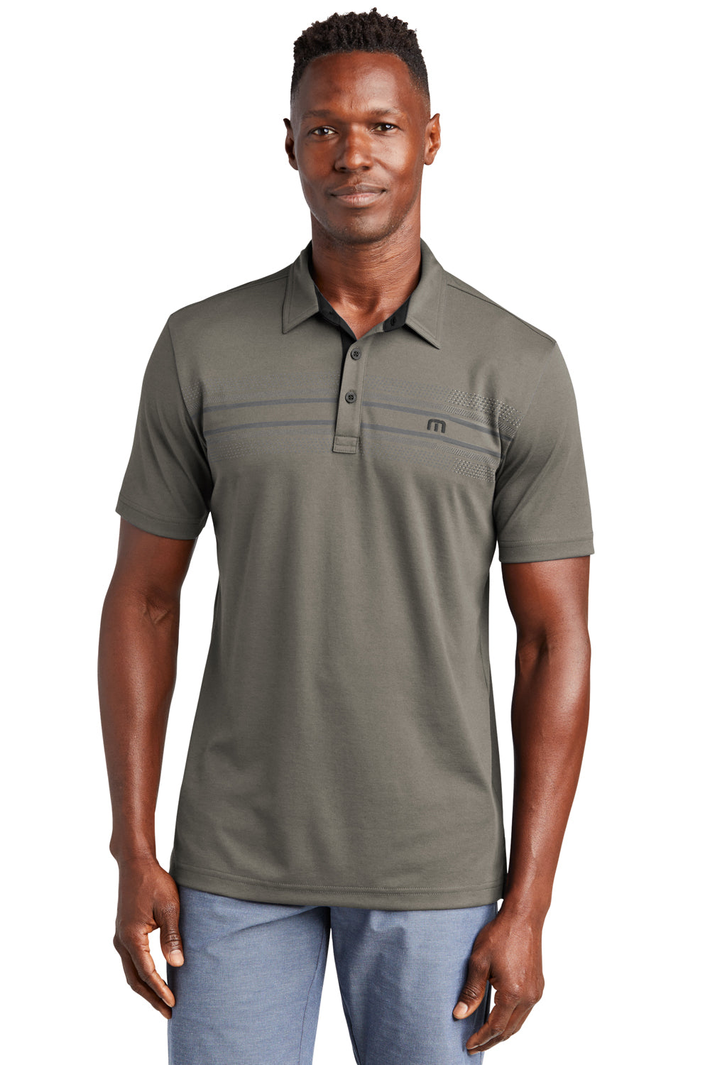 TravisMathew TM1MW450 Mens Monterey Wrinkle Resistant Chest Stripe Short Sleeve Polo Shirt Quiet Shade Grey Model Front