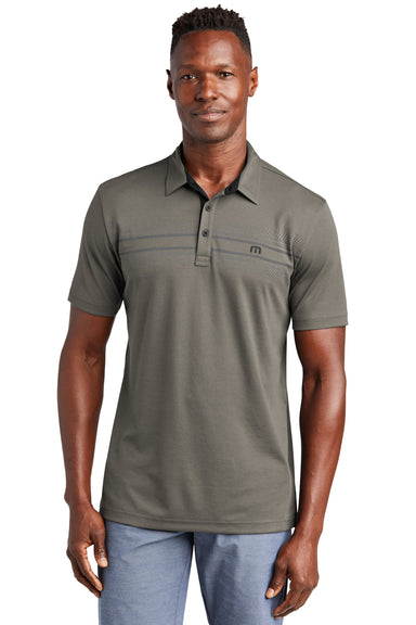 TravisMathew TM1MW450 Mens Monterey Wrinkle Resistant Chest Stripe Short Sleeve Polo Shirt Quiet Shade Grey Model Front