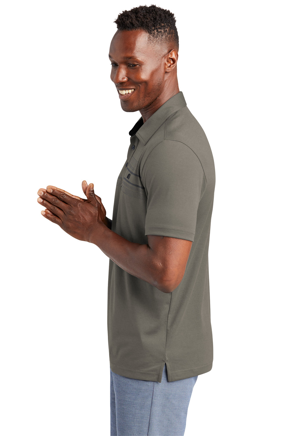 TravisMathew TM1MW450 Mens Monterey Wrinkle Resistant Chest Stripe Short Sleeve Polo Shirt Quiet Shade Grey Model Side