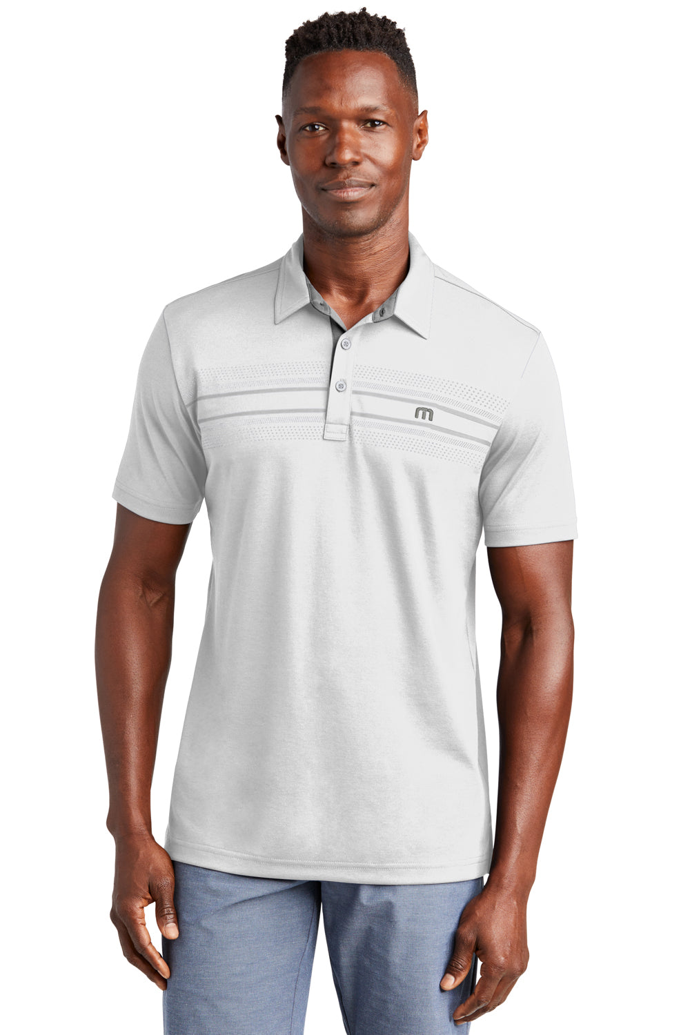 TravisMathew TM1MW450 Mens Monterey Wrinkle Resistant Chest Stripe Short Sleeve Polo Shirt White Model Front