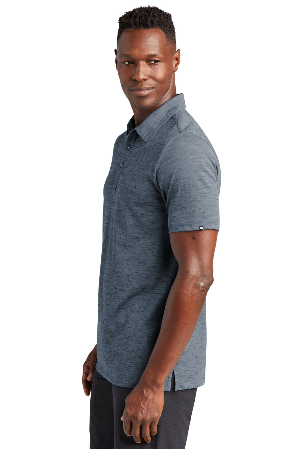 TravisMathew TM1MW451 Mens Auckland Slub Wrinkle Resistant Short Sleeve Polo Shirt Blue Nights Model Side