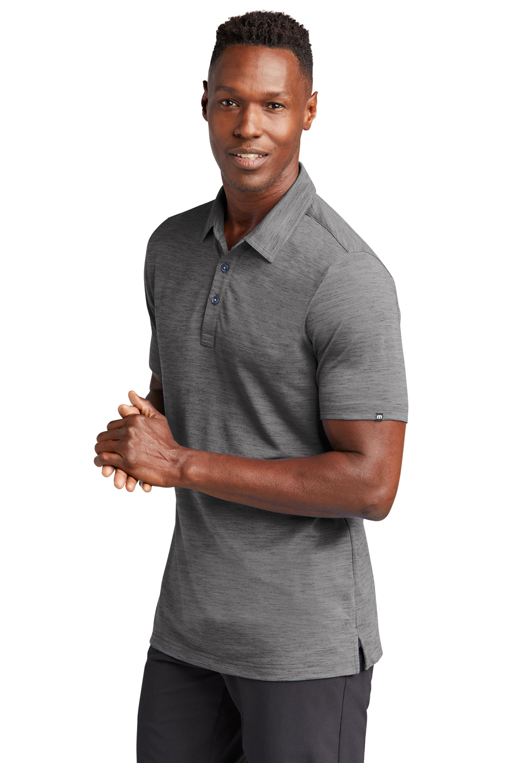 TravisMathew TM1MW451 Mens Auckland Slub Wrinkle Resistant Short Sleeve Polo Shirt Dark Grey Model 3Q