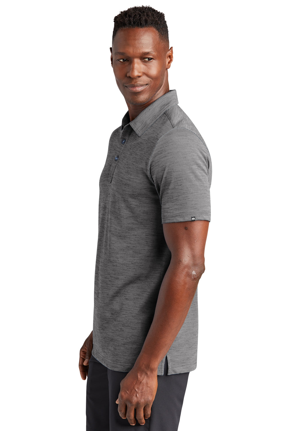 TravisMathew TM1MW451 Mens Auckland Slub Wrinkle Resistant Short Sleeve Polo Shirt Dark Grey Model Side