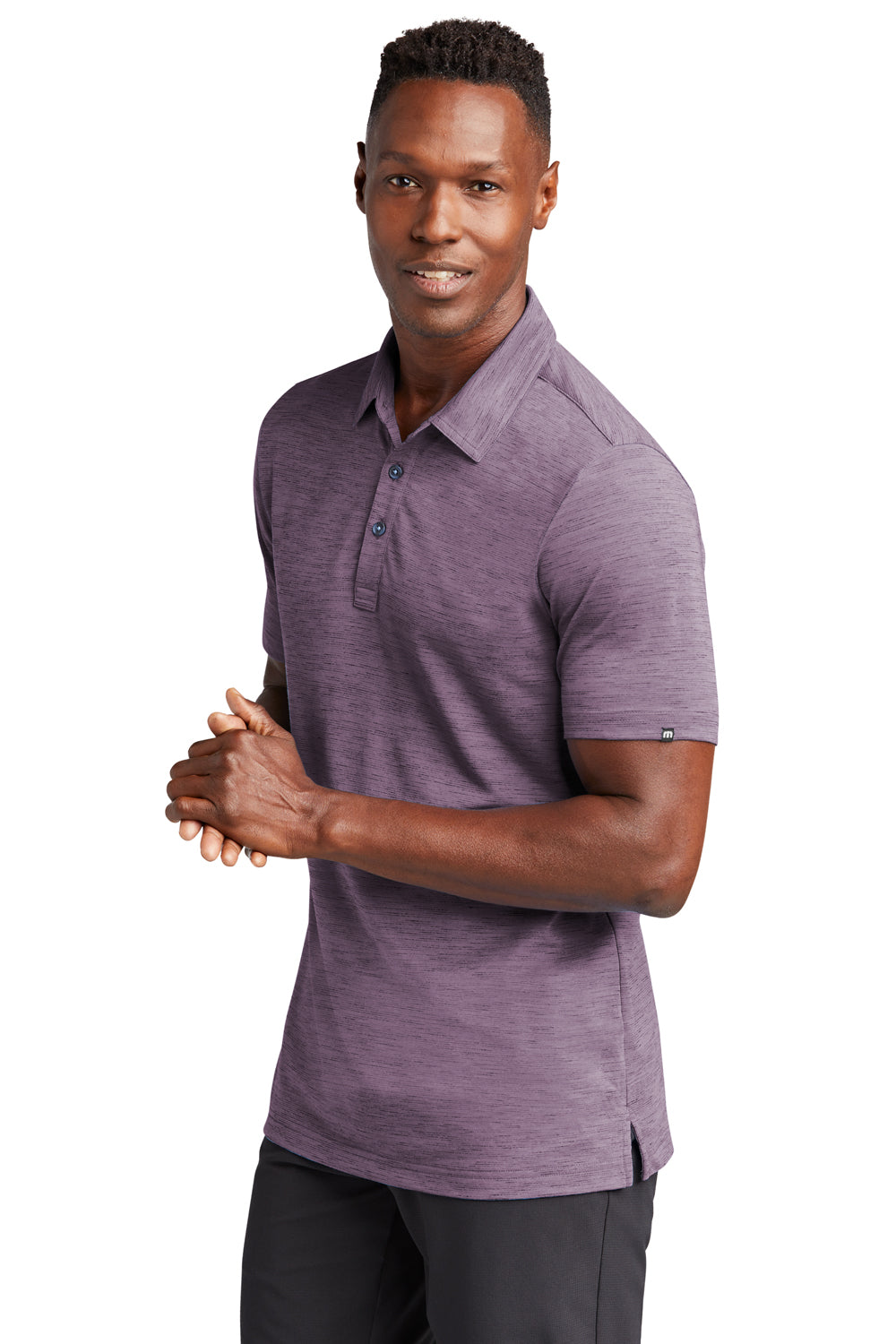 TravisMathew TM1MW451 Mens Auckland Slub Wrinkle Resistant Short Sleeve Polo Shirt Sage Purple Model 3Q