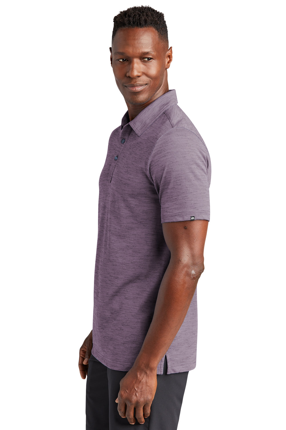 TravisMathew TM1MW451 Mens Auckland Slub Wrinkle Resistant Short Sleeve Polo Shirt Sage Purple Model Side
