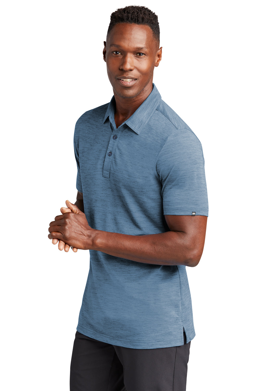 TravisMathew TM1MW451 Mens Auckland Slub Wrinkle Resistant Short Sleeve Polo Shirt Riviera Blue Model 3Q