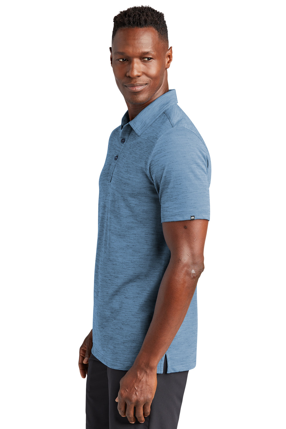 TravisMathew TM1MW451 Mens Auckland Slub Wrinkle Resistant Short Sleeve Polo Shirt Riviera Blue Model Side