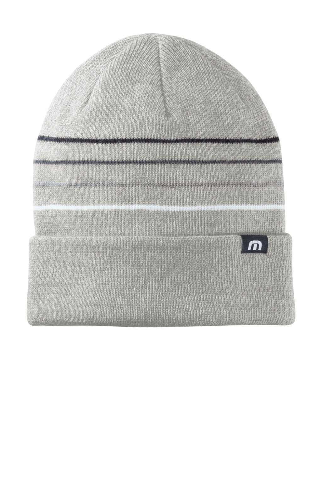 TravisMathew Hats TM1MY393 Unisex Striped Cuffed Beanie Heather Light Grey Flat Front