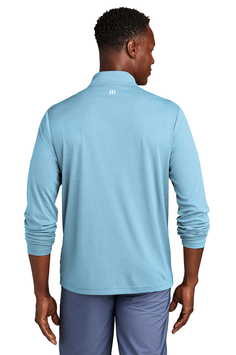 TravisMathew TM1MY397 Mens Coto Performance Wrinkle Resistant 1/4 Zip Sweatshirt Heather Brilliant Blue Model Back