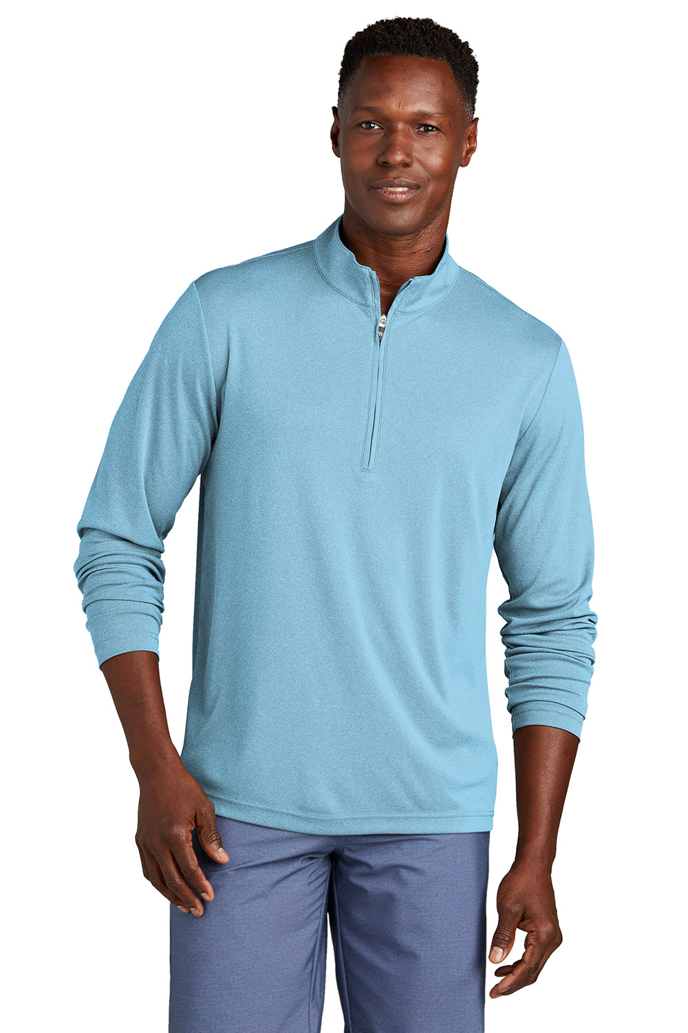 TravisMathew TM1MY397 Mens Coto Performance Wrinkle Resistant 1/4 Zip Sweatshirt Heather Brilliant Blue Model Front