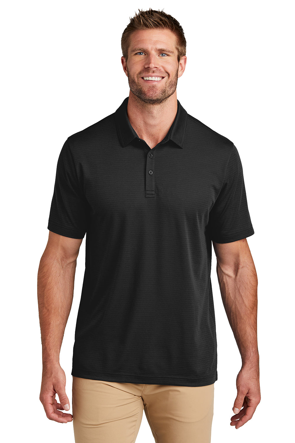 TravisMathew TM1MY399 Mens Bayfront Moisture Wicking Short Sleeve Polo Shirt Black Model Front