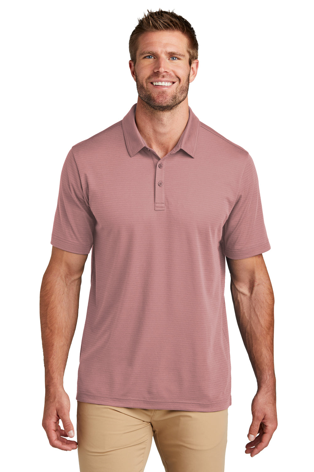 TravisMathew TM1MY399 Mens Bayfront Moisture Wicking Short Sleeve Polo Shirt Roan Rouge Model Front