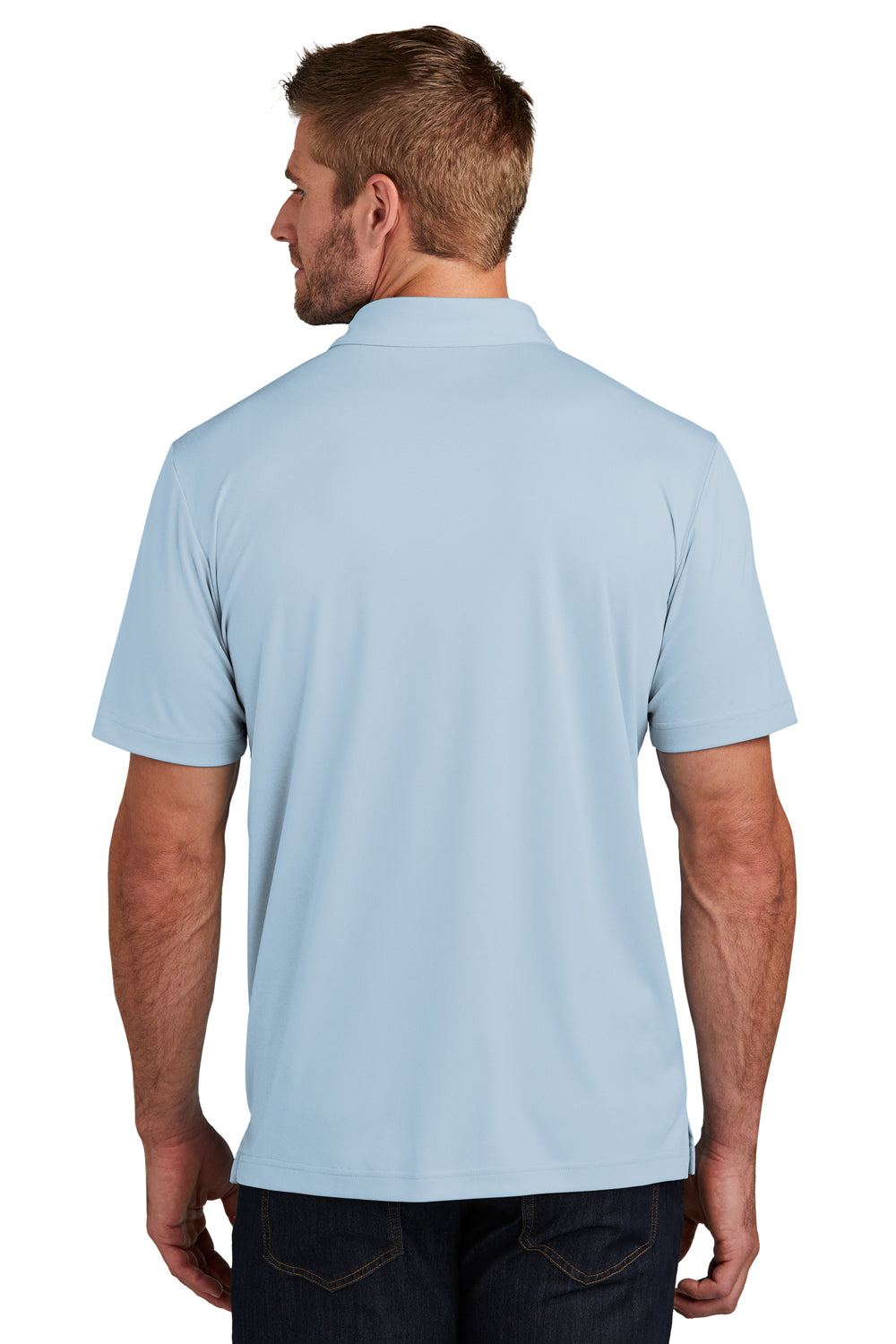 TravisMathew TM1MY400 Mens Coto Performance Wrinkle Resistant Short Sleeve Polo Shirt Heather Kentucky Blue Model Back