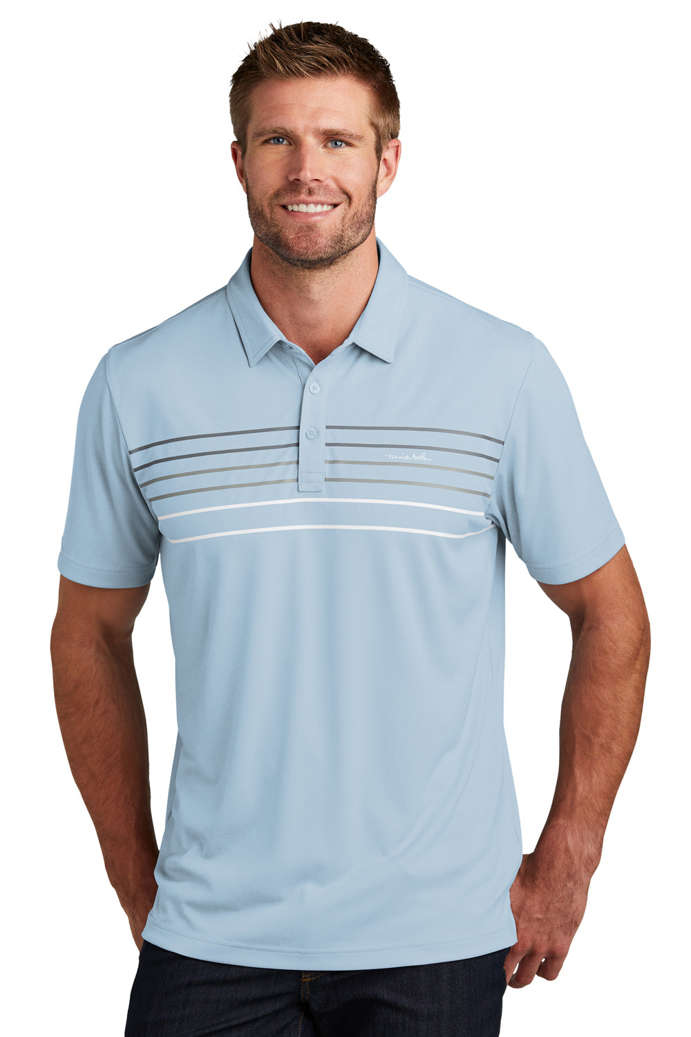 TravisMathew TM1MY400 Mens Coto Performance Wrinkle Resistant Short Sleeve Polo Shirt Heather Kentucky Blue Model Front