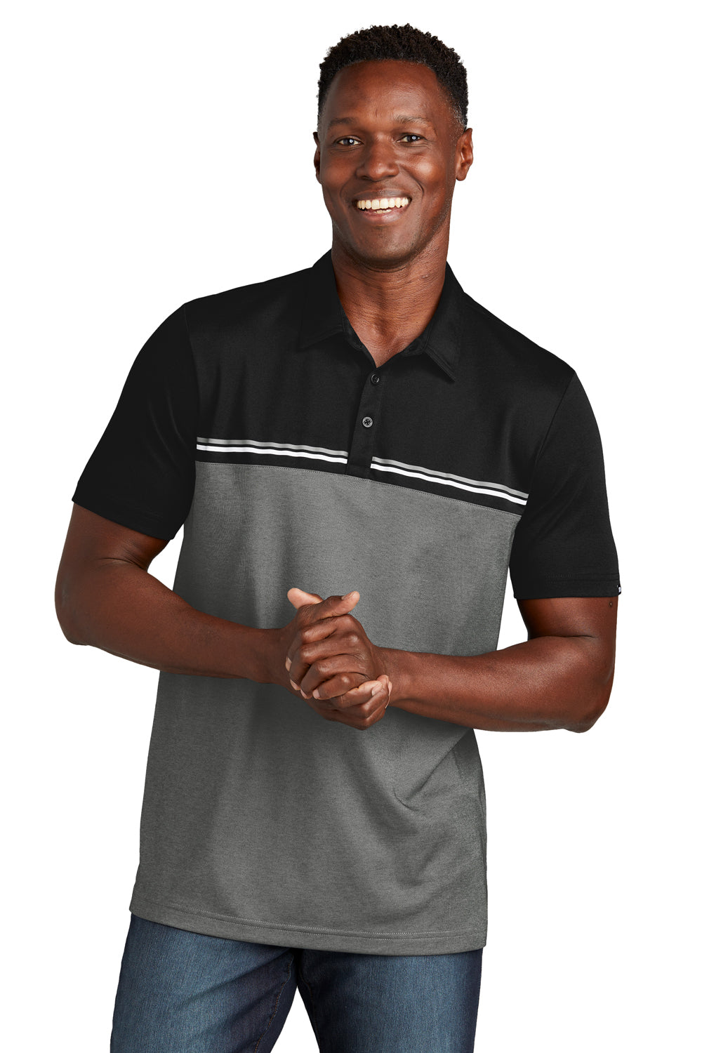 TravisMathew TM1MY401 Mens Sunset Blocked Wrinkle Resistant Short Sleeve Polo Shirt Black/Heather Dark Grey Model Front