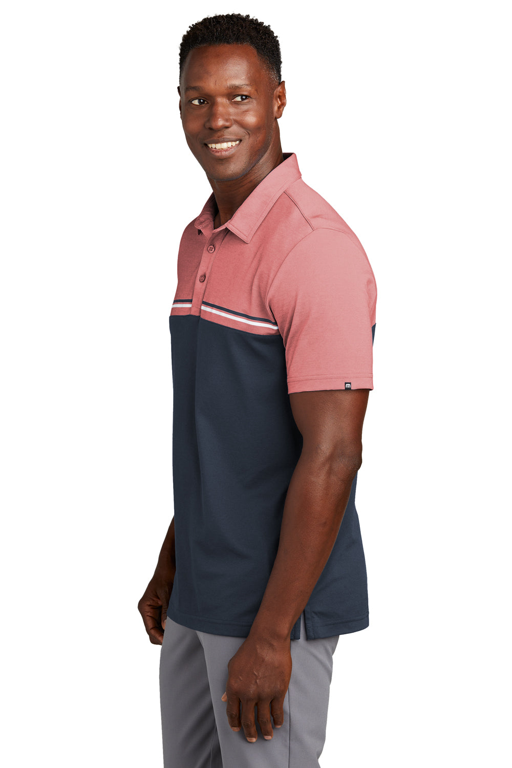 TravisMathew TM1MY401 Mens Sunset Blocked Wrinkle Resistant Short Sleeve Polo Shirt Heather Cardinal Red/Blue Nights Model Side