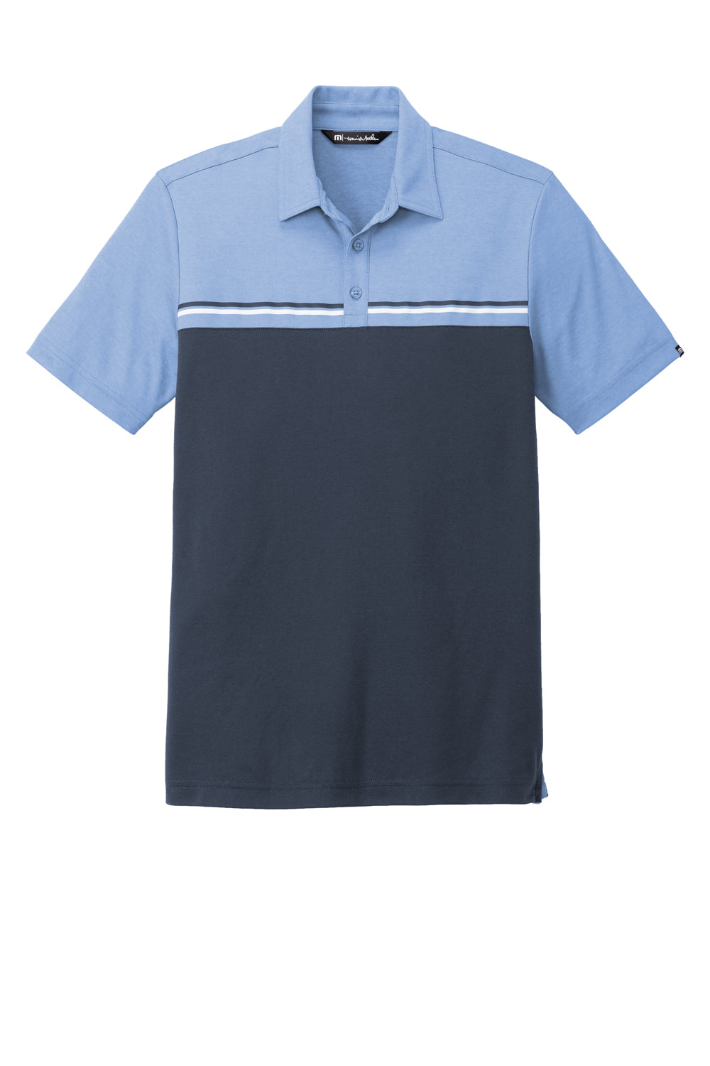 TravisMathew TM1MY401 Mens Sunset Blocked Wrinkle Resistant Short Sleeve Polo Shirt Heather Riviera Blue/Blue Nights Flat Front