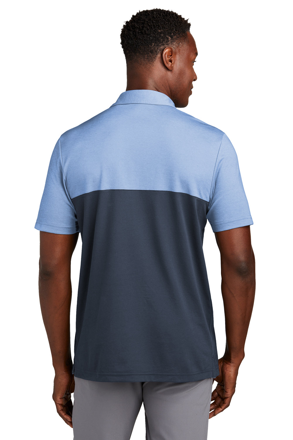 TravisMathew TM1MY401 Mens Sunset Blocked Wrinkle Resistant Short Sleeve Polo Shirt Heather Riviera Blue/Blue Nights Model Back