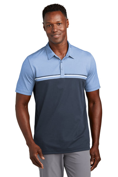 TravisMathew TM1MY401 Mens Sunset Blocked Wrinkle Resistant Short Sleeve Polo Shirt Heather Riviera Blue/Blue Nights Model Front