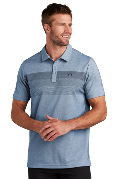 TravisMathew TM1MY402 Mens Coastal Wrinkle Resistant Short Sleeve Polo Shirt Heather Opal Blue Model Front