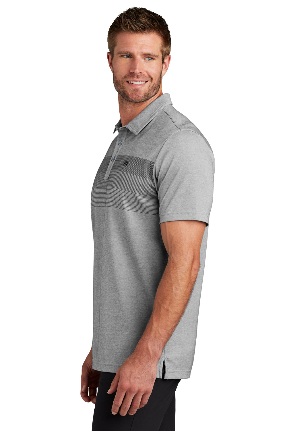 TravisMathew TM1MY402 Mens Coastal Wrinkle Resistant Short Sleeve Polo Shirt Heather Quiet Shade Grey Model Side