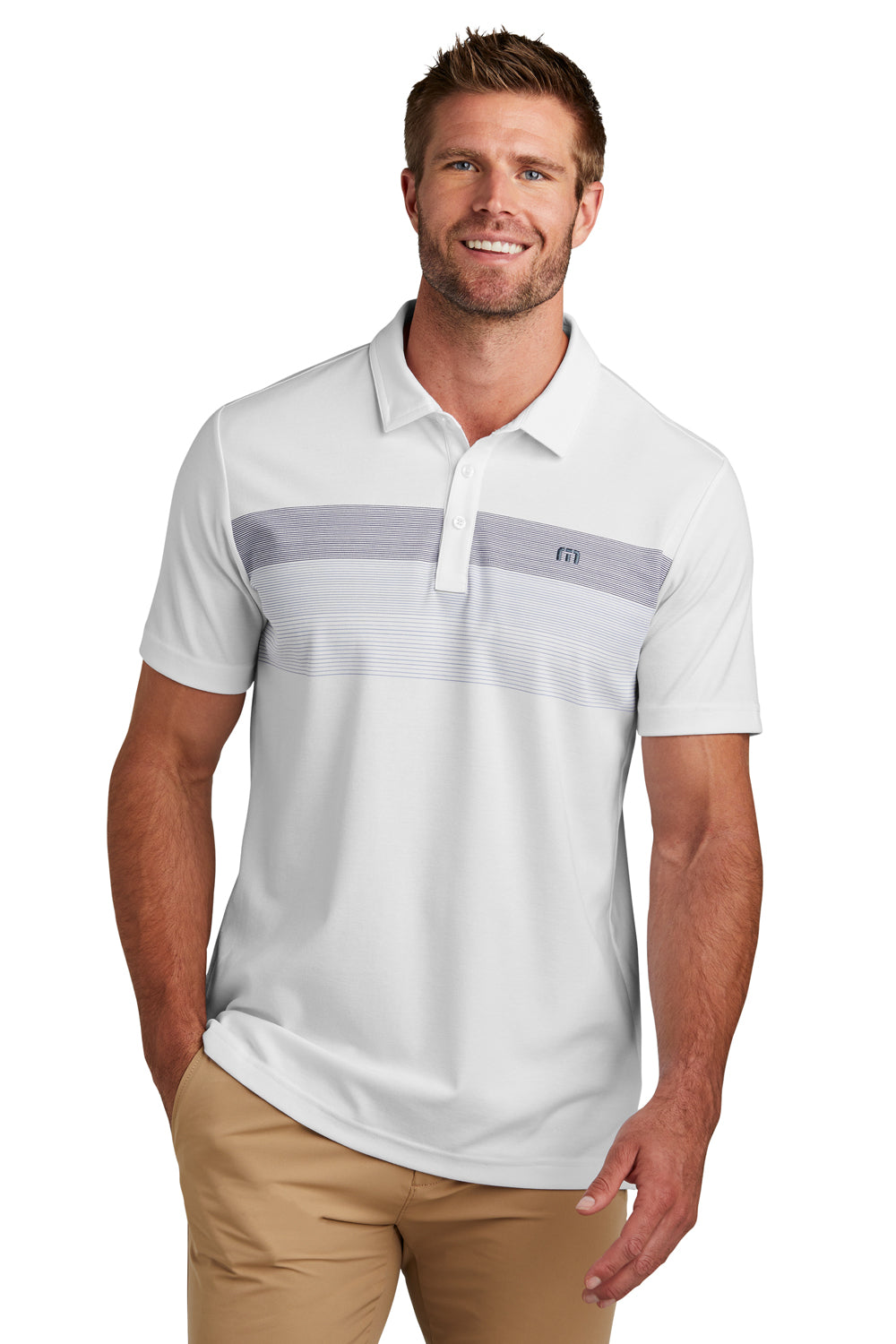 TravisMathew TM1MY402 Mens Coastal Wrinkle Resistant Short Sleeve Polo Shirt White Model Front