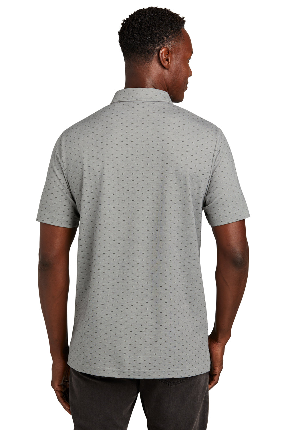 TravisMathew TM1MY403 Mens Oceanside Geo Wrinkle Resistant Short Sleeve Polo Shirt Heather Quiet Shade Grey/Dark Grey Model Back