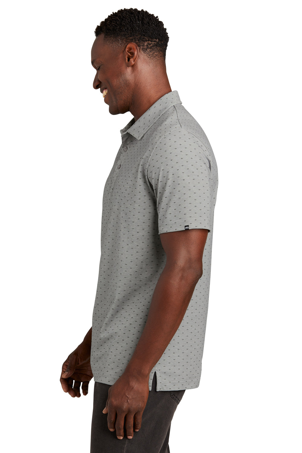 TravisMathew TM1MY403 Mens Oceanside Geo Wrinkle Resistant Short Sleeve Polo Shirt Heather Quiet Shade Grey/Dark Grey Model Side
