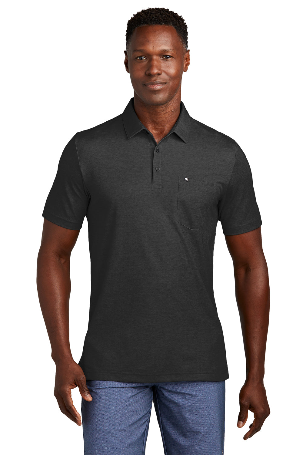 TravisMathew TM1MY404 Mens Oceanside Moisture Wicking Short Sleeve Polo Shirt w/ Pocket Heather Black Model Front