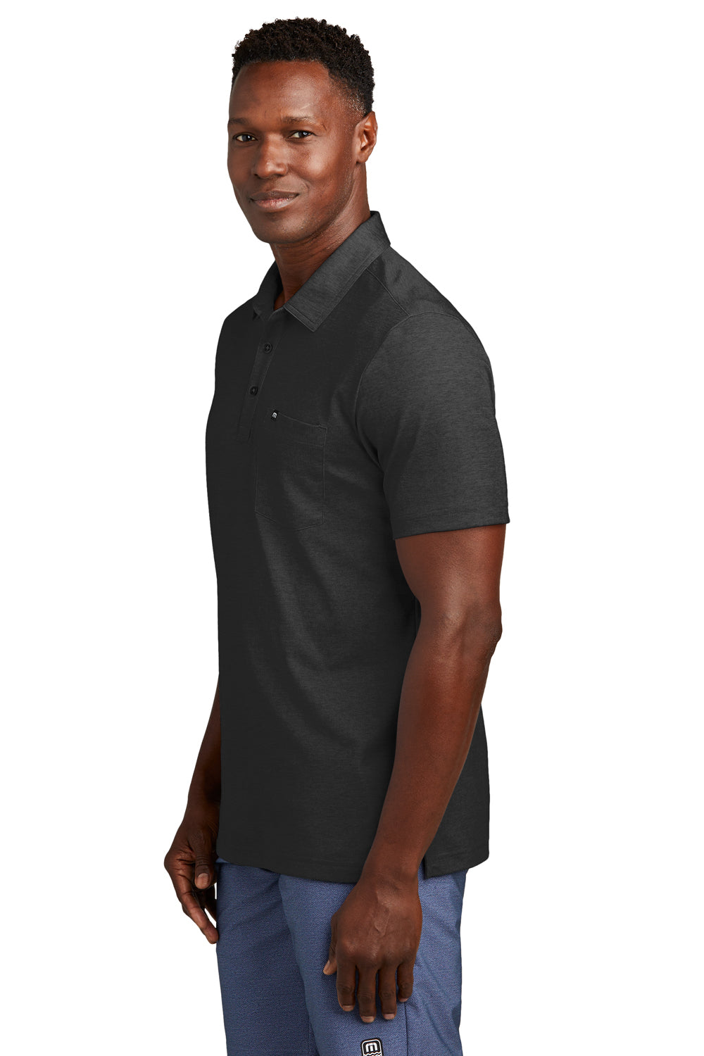 TravisMathew TM1MY404 Mens Oceanside Moisture Wicking Short Sleeve Polo Shirt w/ Pocket Heather Black Model Side