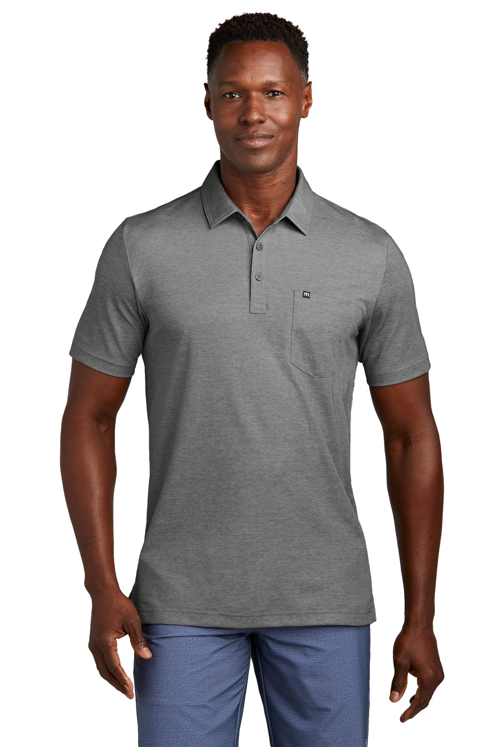 TravisMathew TM1MY404 Mens Oceanside Moisture Wicking Short Sleeve Polo Shirt w/ Pocket Heather Quiet Shade Grey Model Front