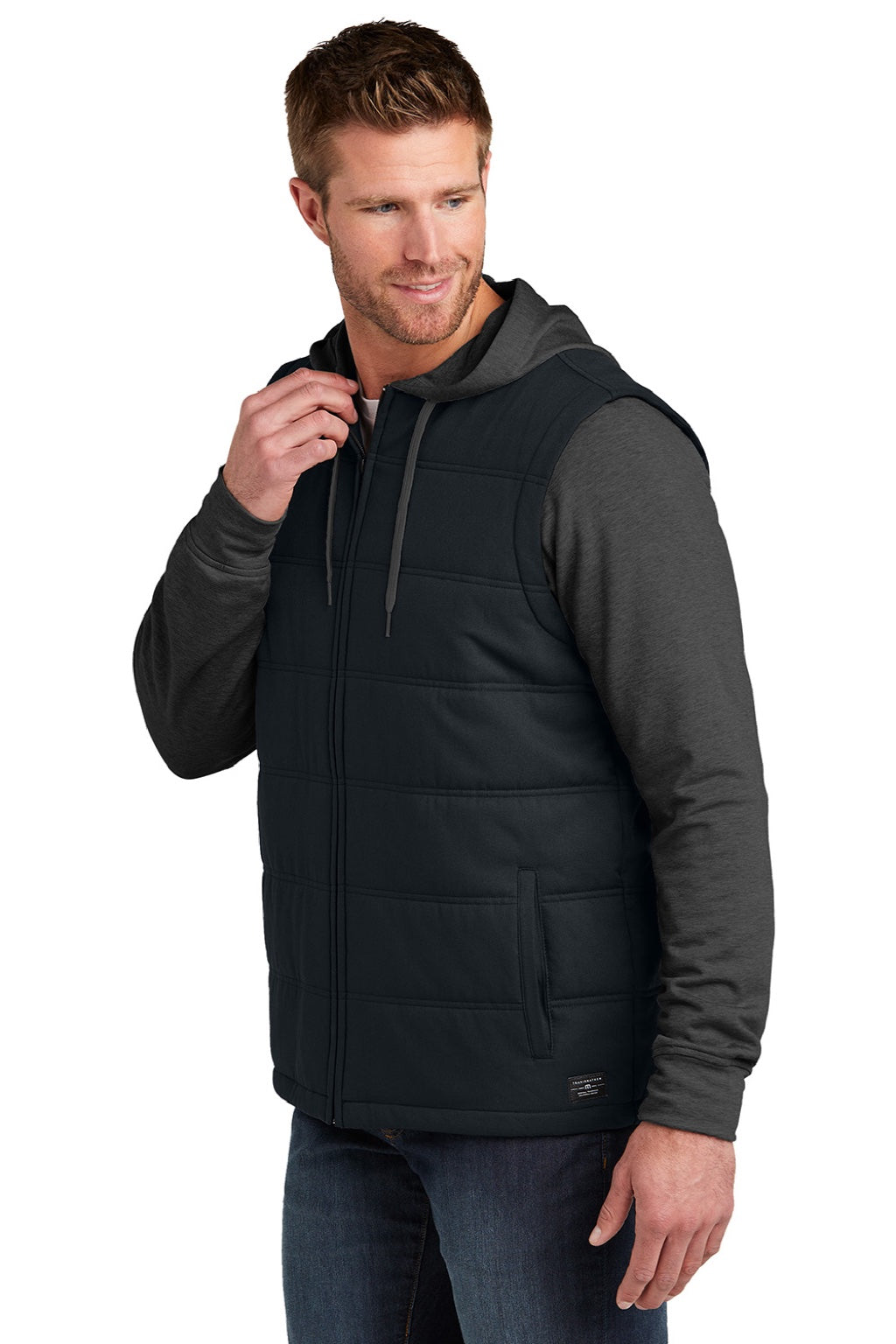 TravisMathew TM1MZ336 Mens Tides Up Wrinkle Resistant Full Zip Hooded Jacket Black/Heather Black Model Side